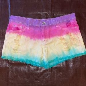 Rainbow shorts pastel tie dye shorts colorful multi-colored jean rave festival